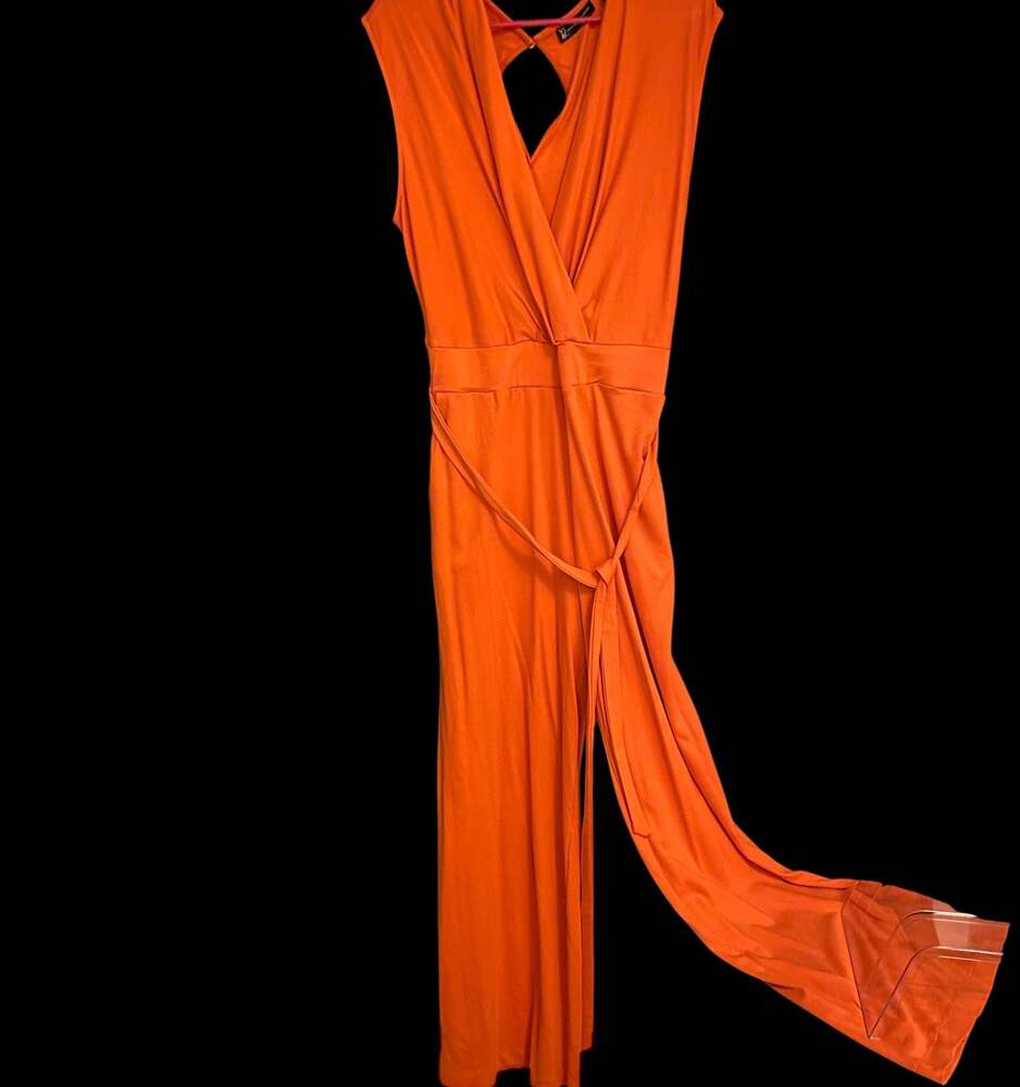 New York & Co. Orange Cap Sleeve Wide Leg Crop Jumpsuit with belt